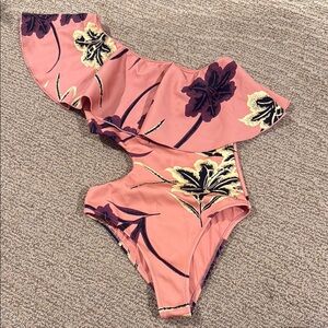 Derek Lam 10 Crosby Floral One-Shoulder ruffled Swimsuit with sexy side cutout